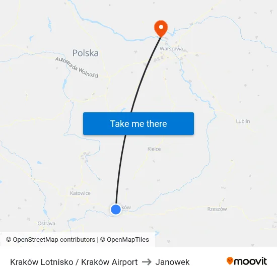 Kraków Lotnisko / Kraków Airport to Janowek map