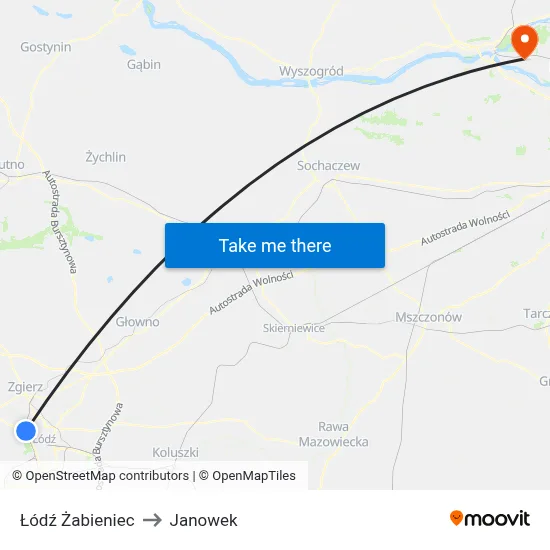 Łódź Żabieniec to Janowek map