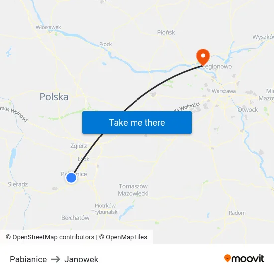 Pabianice to Janowek map