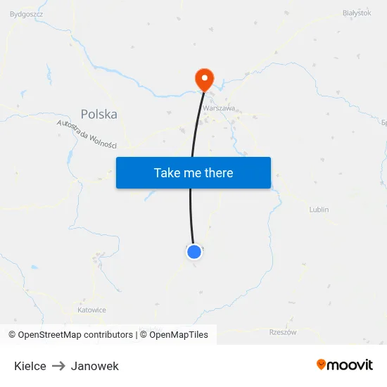 Kielce to Janowek map