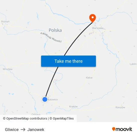 Gliwice to Janowek map