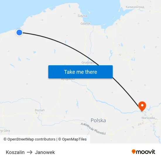 Koszalin to Janowek map