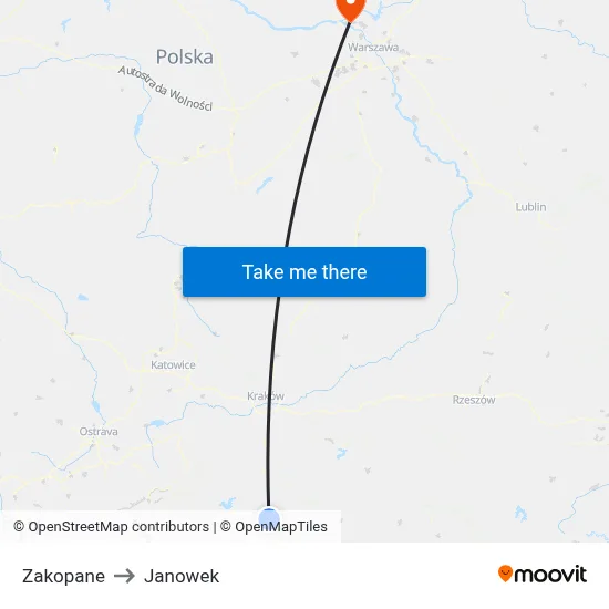 Zakopane to Janowek map