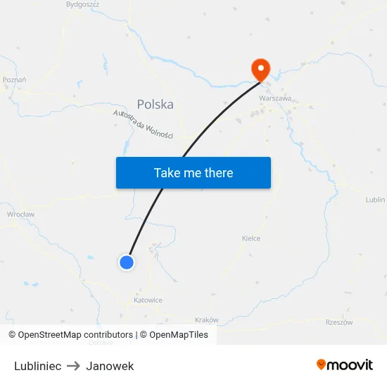 Lubliniec to Janowek map