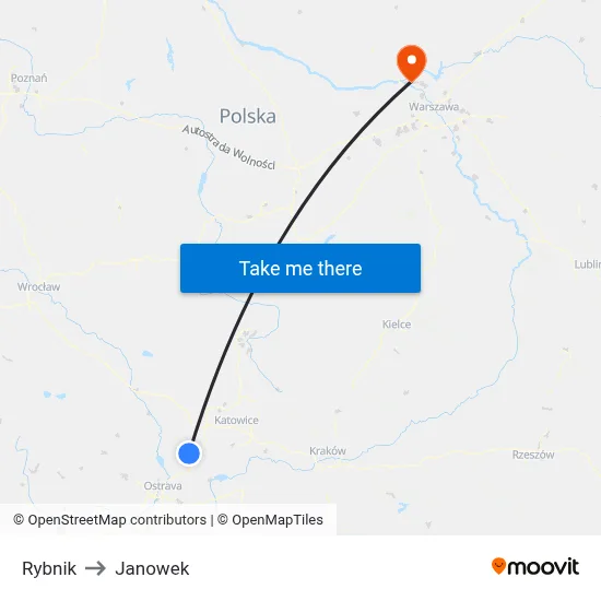 Rybnik to Janowek map