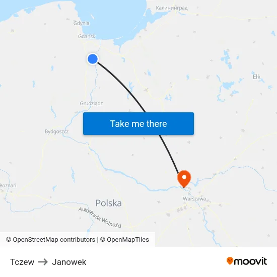 Tczew to Janowek map