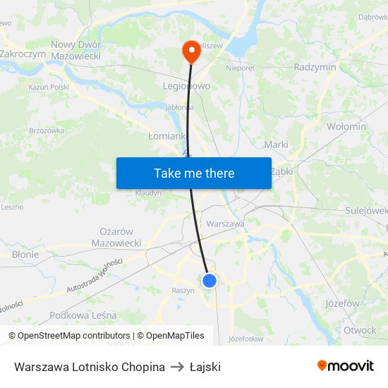 Warszawa Lotnisko Chopina to Łajski map