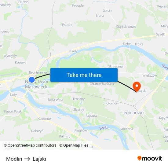 Modlin to Łajski map