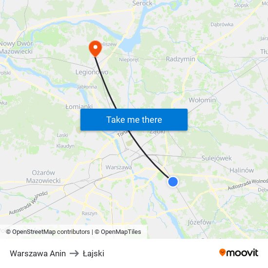 Warszawa Anin to Łajski map
