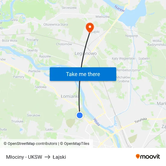 Młociny - UKSW to Łajski map