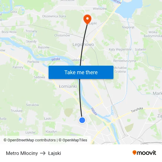 Metro Młociny to Łajski map