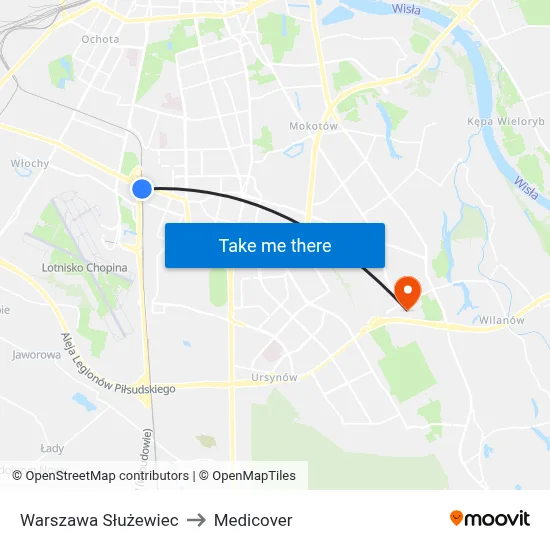 Warszawa Służewiec to Medicover map