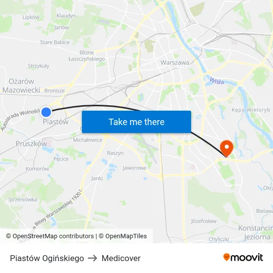 Piastów Ogińskiego to Medicover map