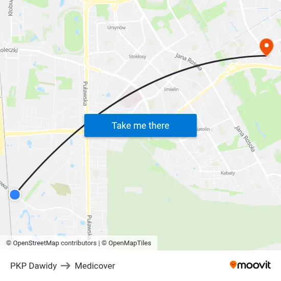 PKP Dawidy to Medicover map