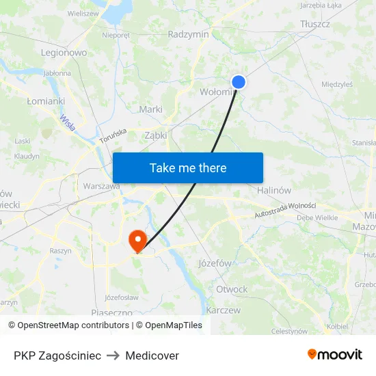 PKP Zagościniec to Medicover map