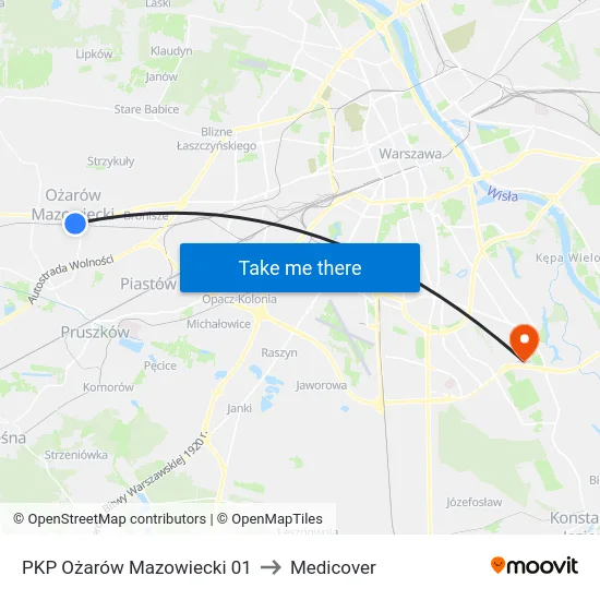 PKP Ożarów Mazowiecki 01 to Medicover map