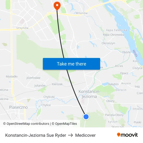 Konstancin-Jeziorna Sue Ryder to Medicover map