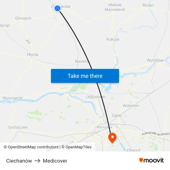 Ciechanów to Medicover map
