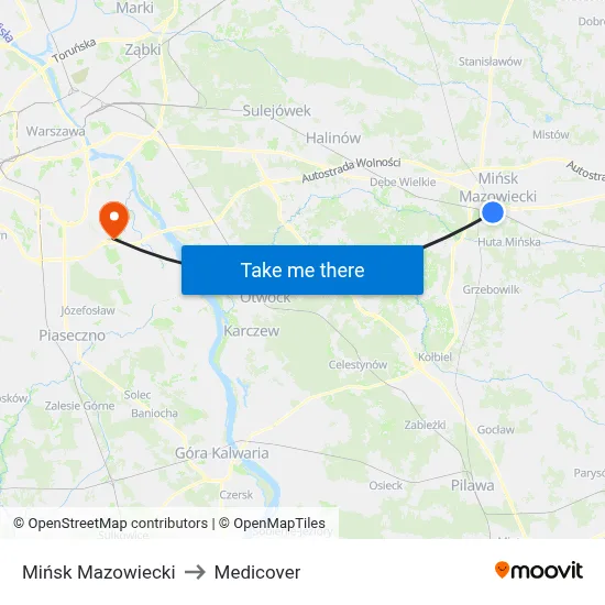 Mińsk Mazowiecki to Medicover map
