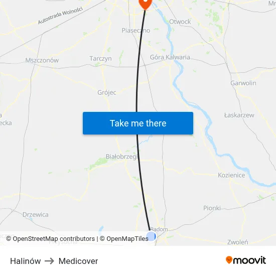 Halinów to Medicover map
