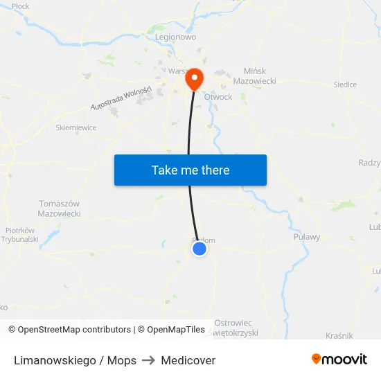Limanowskiego / Mops to Medicover map