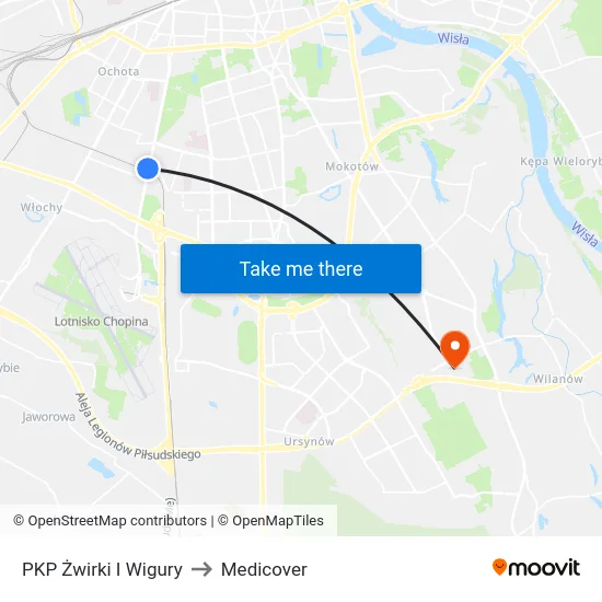 PKP Żwirki I Wigury to Medicover map