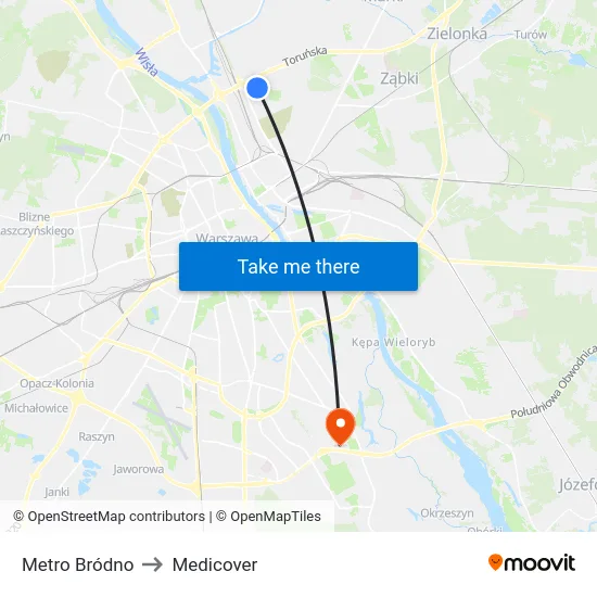 Metro Bródno to Medicover map