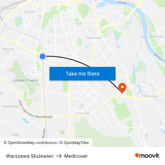 Warszawa Służewiec to Medicover map