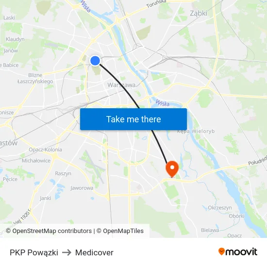 PKP Powązki to Medicover map