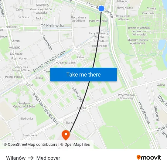 Wilanów to Medicover map