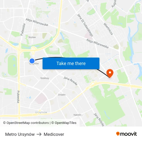 Metro Ursynów to Medicover map