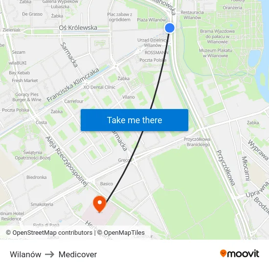 Wilanów to Medicover map