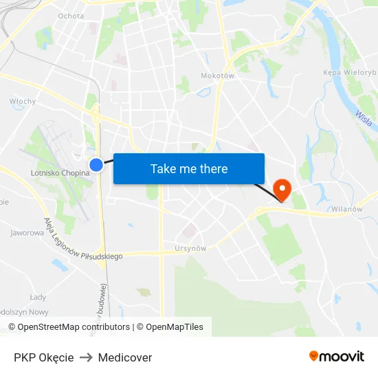 PKP Okęcie to Medicover map
