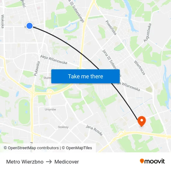 Metro Wierzbno to Medicover map