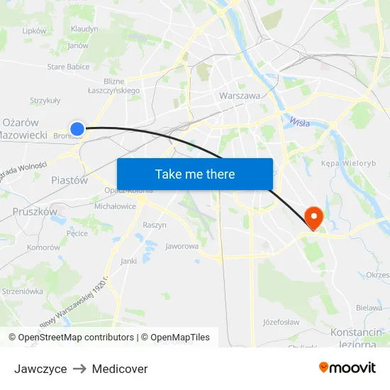 Jawczyce to Medicover map