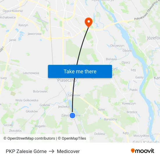 PKP Zalesie Górne to Medicover map