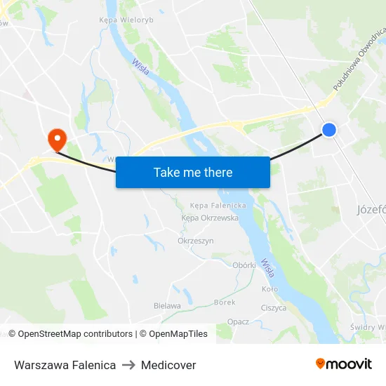 Warszawa Falenica to Medicover map