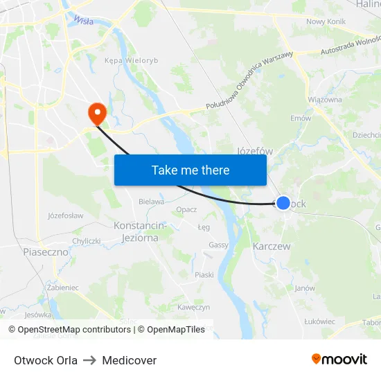 Otwock Orla to Medicover map