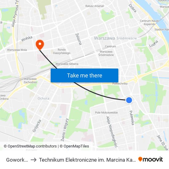 Goworka to Technikum Elektroniczne im. Marcina Kasprzaka nr 36 map