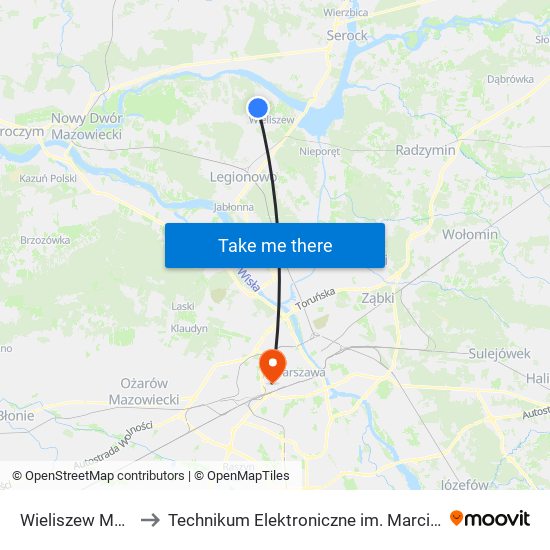 Wieliszew Magnolii 01 to Technikum Elektroniczne im. Marcina Kasprzaka nr 36 map