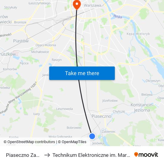 Piaseczno Zachodnia 02 to Technikum Elektroniczne im. Marcina Kasprzaka nr 36 map