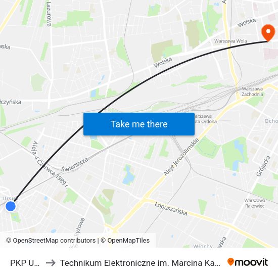 PKP Ursus to Technikum Elektroniczne im. Marcina Kasprzaka nr 36 map
