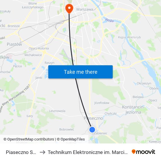 Piaseczno Szpital 02 to Technikum Elektroniczne im. Marcina Kasprzaka nr 36 map