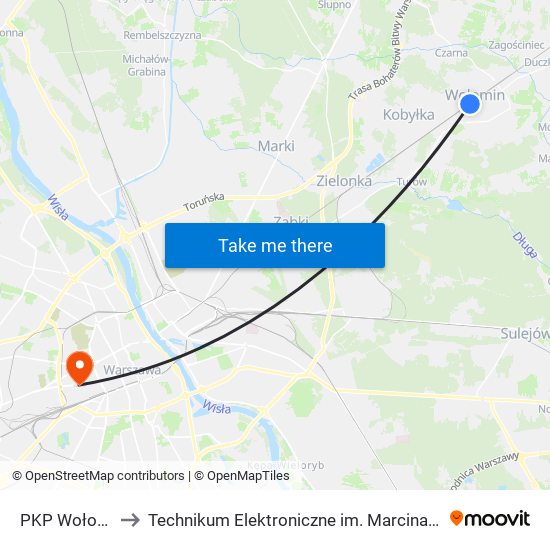 PKP Wołomin to Technikum Elektroniczne im. Marcina Kasprzaka nr 36 map