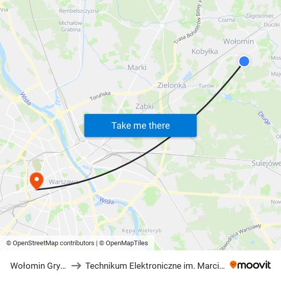 Wołomin Gryczana 02 to Technikum Elektroniczne im. Marcina Kasprzaka nr 36 map