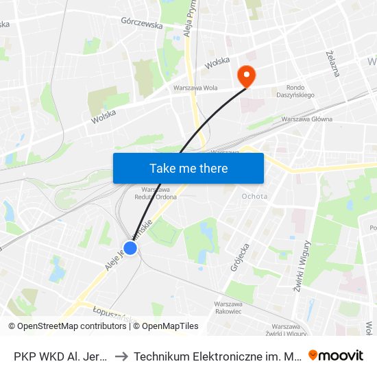 PKP WKD Al. Jerozolimskie 05 to Technikum Elektroniczne im. Marcina Kasprzaka nr 36 map