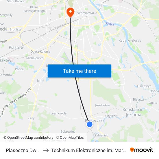 Piaseczno Dworcowa 01 to Technikum Elektroniczne im. Marcina Kasprzaka nr 36 map