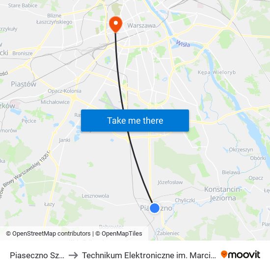 Piaseczno Szkolna 03 to Technikum Elektroniczne im. Marcina Kasprzaka nr 36 map