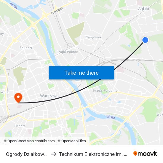 Ogrody Działkowe Kawęczyn 01 to Technikum Elektroniczne im. Marcina Kasprzaka nr 36 map