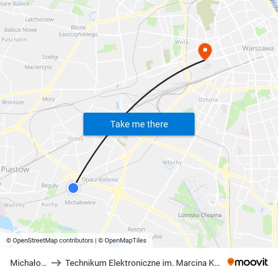 Michałowice to Technikum Elektroniczne im. Marcina Kasprzaka nr 36 map